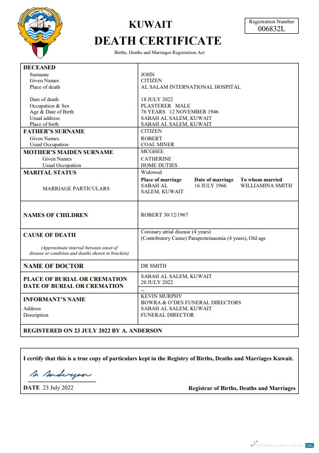 Download Kuwait death certificate Word and PDF template Photoshop template